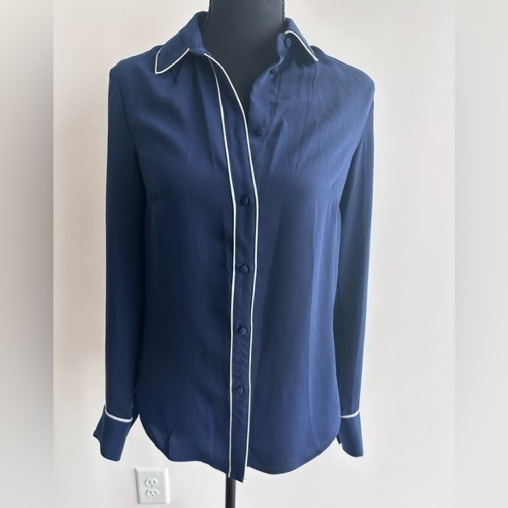 H&M Navy Button-Down Blouse with White Piping